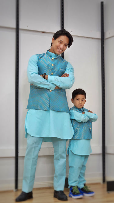 Boys Monochrome Kurtha Suruwal Set with Waistcoat Sky Blue - House of Nepal