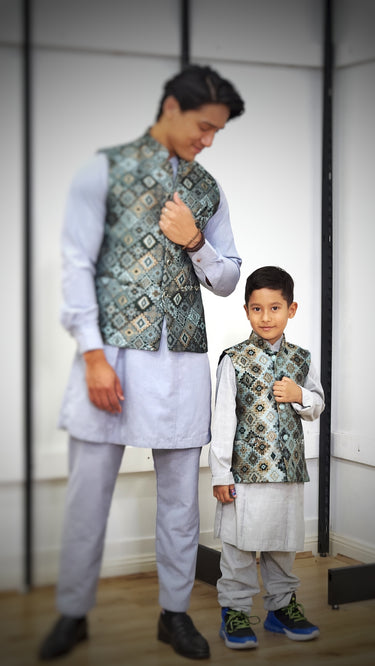 Kids Dhaka Waistcoat Radiance Green And Blue Mix - House of Nepal
