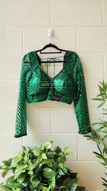 Green Mirror Work Boutique Blouse - House of Nepal