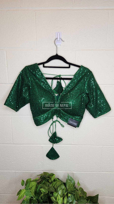 Green Sequin Half Sleeve Boutique Blouse Leaf Neck - House of Nepal