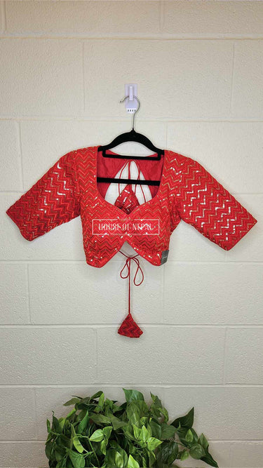 Red Thread & Sequin Half Sleeve Boutique Blouse Sweetheart Neck - House of Nepal