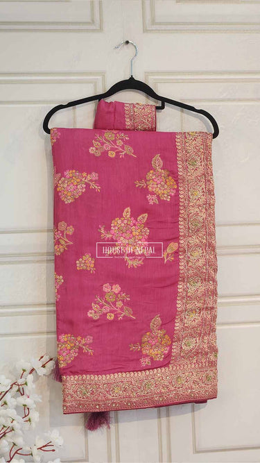 Pure Dola Silk Saree with Contrast Phulkari Work - House of Nepal