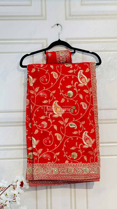 Pure Dola Silk Saree with Full Hand Embroidery Work Shakti - House of Nepal