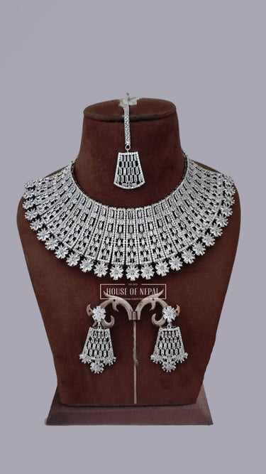 White American Diamond Necklace With Earrings and Bindi - House of Nepal
