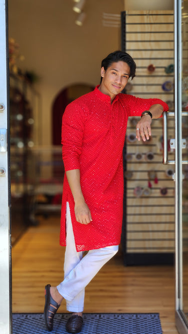 Red Rayon Kurta Pajama Set - House of Nepal
