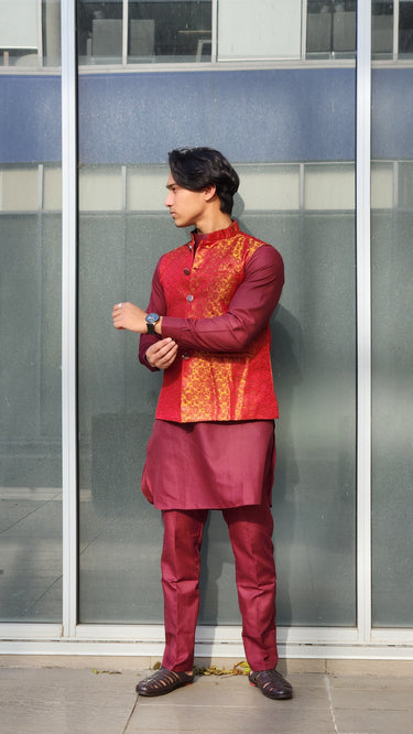 Monochrome Kurta Pajama Set with Waistcoat Maroon - House of Nepal