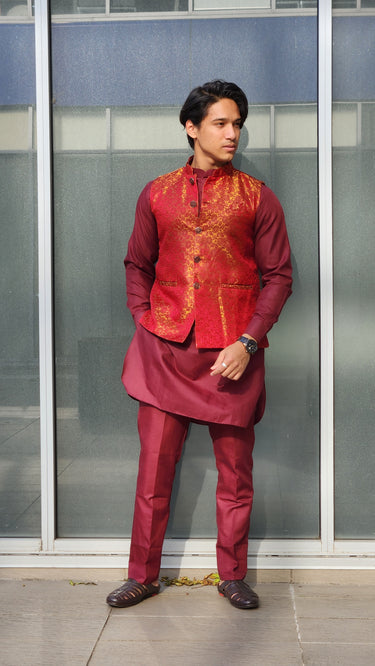 Monochrome Kurta Pajama Set with Waistcoat Maroon - House of Nepal