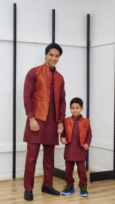 Boys Monochrome Kurtha Suruwal Set with Waistcoat Maroon - House of Nepal