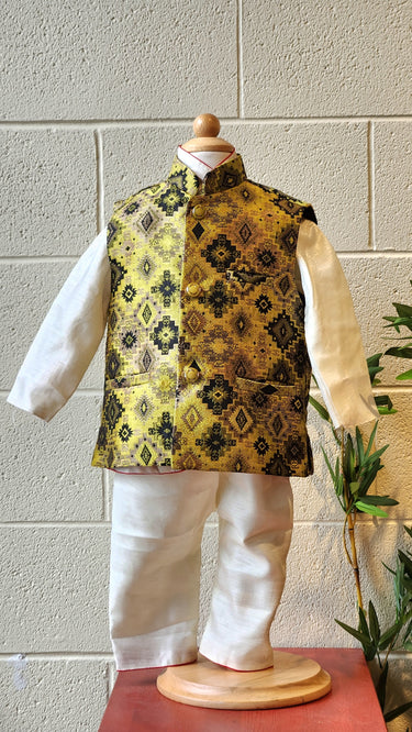 Kids Dhaka Waistcoat Radiance Mixed Green Yellow & Black - House of Nepal