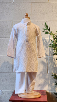 Kids Rayon Chickankari Kurta Set White - House of Nepal