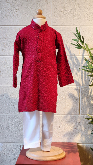 Kids Rayon Chickankari Kurta Set Maroon - House of Nepal