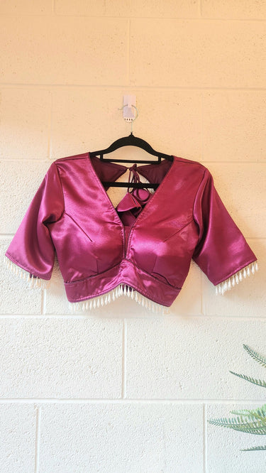 Plain Maroon V Neck Blouse in Satin Silk - House of Nepal