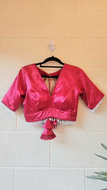 Plain Crimson Red Leaf Neck Blouse in Satin Silk - House of Nepal