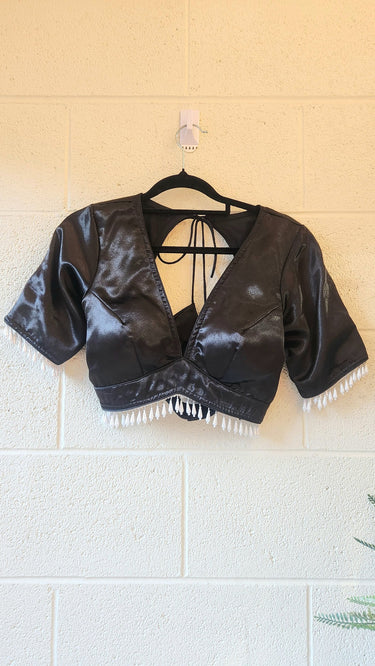 Plain Black V Neck Blouse in Satin Silk - House of Nepal