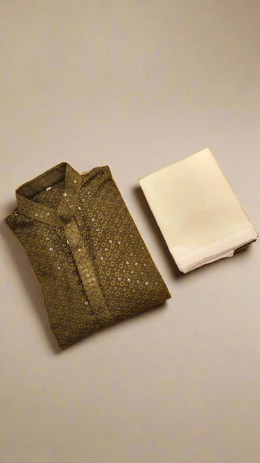 Chikankari Rayon Kurta with Pajama in Moss Green Floral - House of Nepal