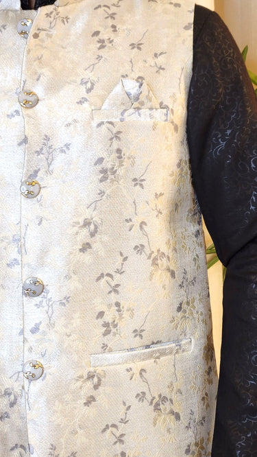 Beige and Grey Thread Embroidered Floral Nehru Jacket - House of Nepal