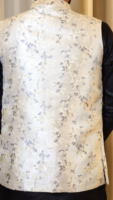 Beige and Grey Thread Embroidered Floral Nehru Jacket - House of Nepal