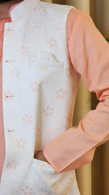Peach and White Shimmer Embroidered Nehru Jacket - House of Nepal