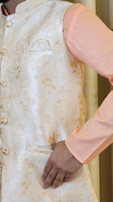 Beige and Peach Thread Embroidered Floral Nehru Jacket - House of Nepal
