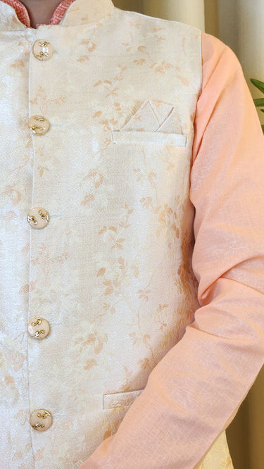Beige and Peach Thread Embroidered Floral Nehru Jacket - House of Nepal