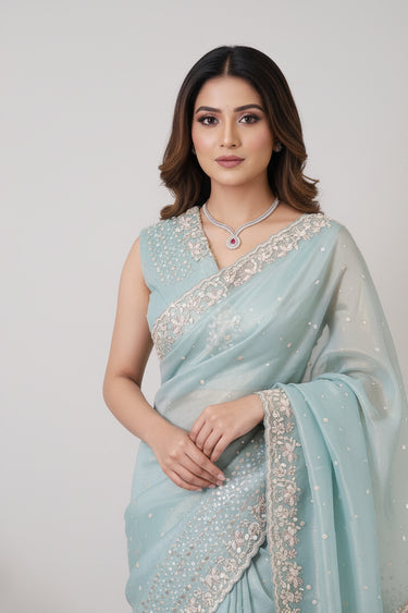 Metal Organza Handwork Saree - House of Nepal