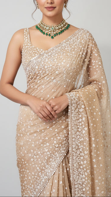 Metal Organza Hand Sequinwork Saree - House of Nepal
