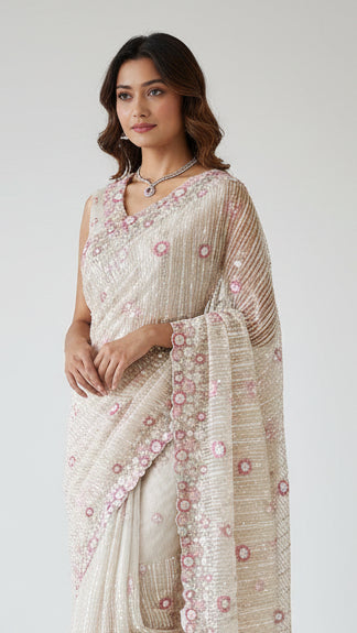 Net Sequin Hand Embroidered Saree - House of Nepal