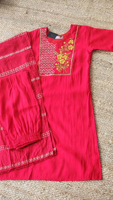 Girls Cotton Kurta in Pink with Trouser and Shawl - House of Nepal