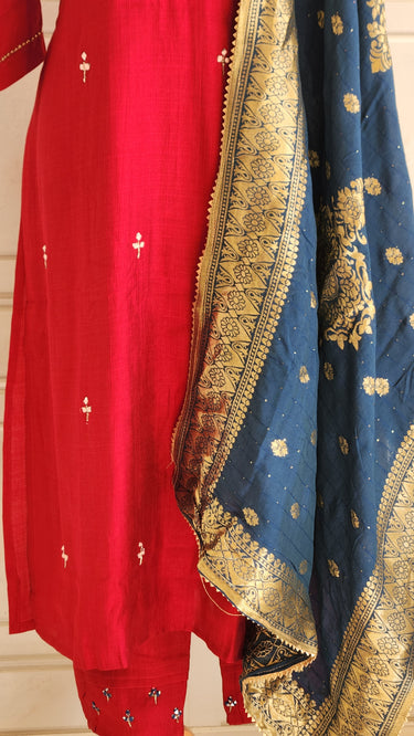 Red Cotton Threadwork Kurta Set