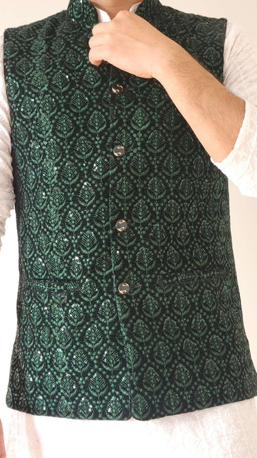 Velvet Nehru Jacket in Green