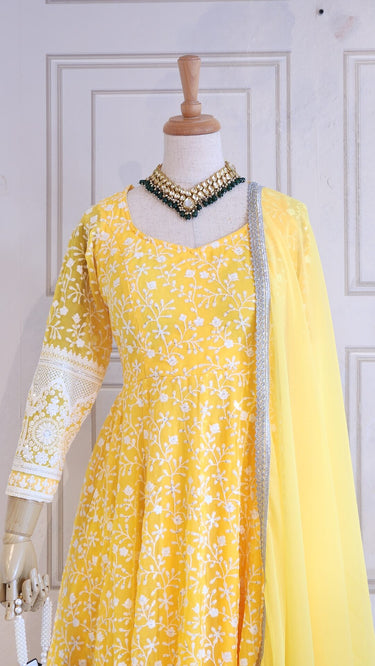 Yellow Thread Embroidered Boutique Anarkali