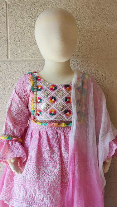 Pink Multi Resham Chikankari Kurti Set for Girls