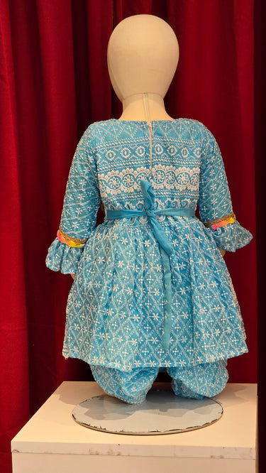 Turquoise Multi Resham Chikankari Kurti Set for Girls