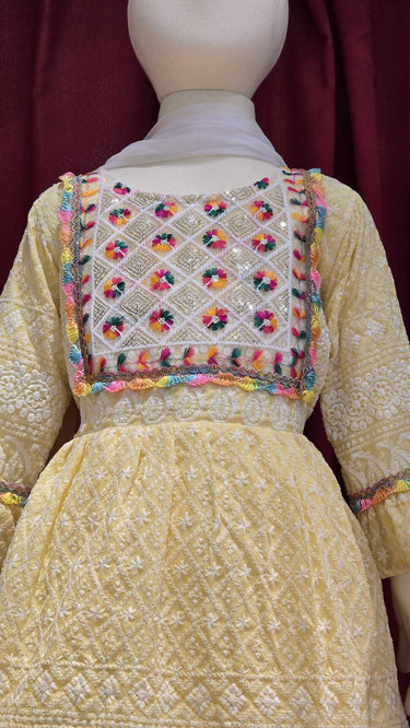 Yellow Multi Resham Chikankari Kurti Set for Girls