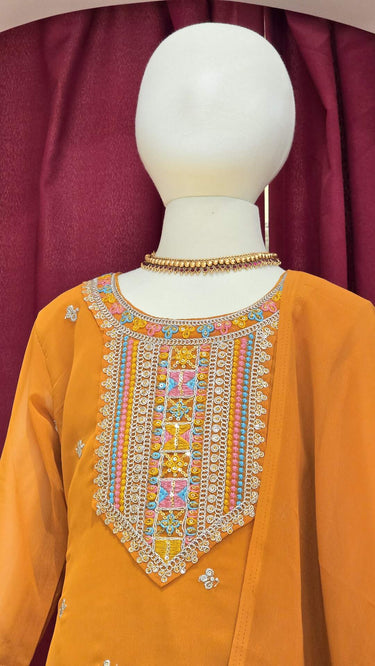 Girls Georgette Kurta with Zariwork in Mustard