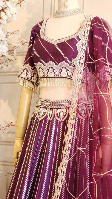 Wine Thread and Sequin Embroidered Silk Lehenga With Blouse and Dupatta