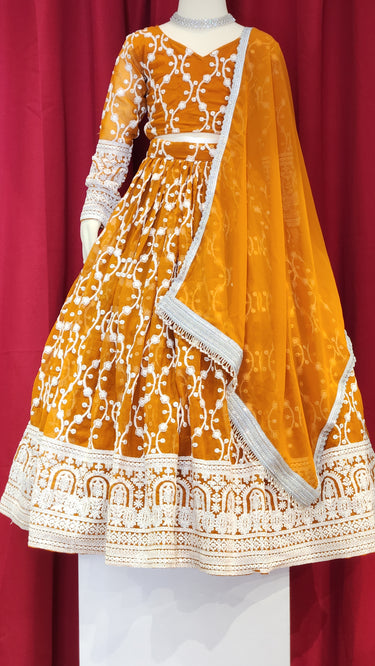 Girls Mustard Brown Lehenga with Boutique Blouse and Shawl