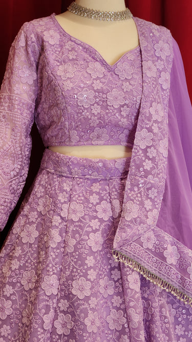 Girls Lavender Chikankari Lehenga with Boutique Blouse and Shawl