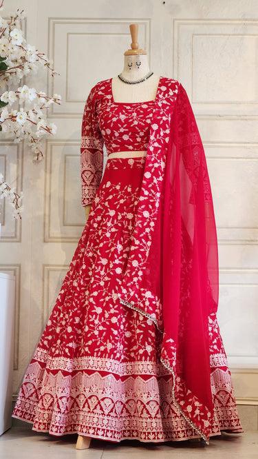 Red Thread Embroidered Lehenga With Boutique Blouse and Dupatta