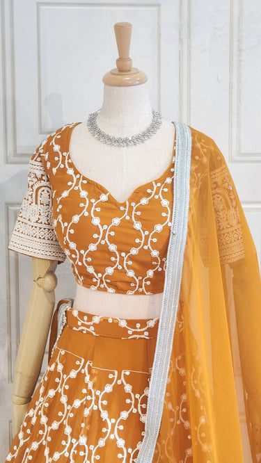 Mustard Yellow Thread & Sequin Embroidered Lehenga with Boutique Blouse and Shawl