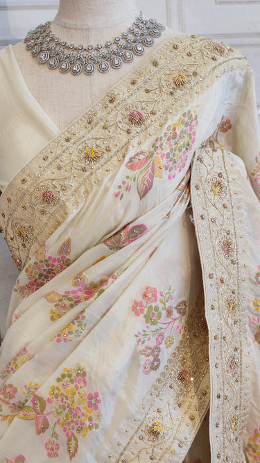 Pure Dola Silk Saree with Contrast Phulkari Work