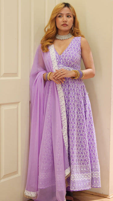 Lavender Motif Anarkali with Chudidar and Shawl