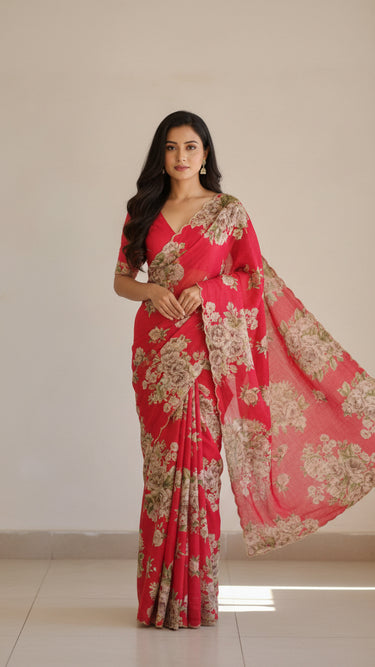 Chinon Chiffon Saree with Floral Handwork