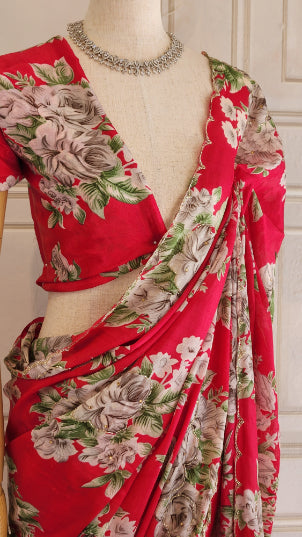 Chinon Chiffon Saree with Floral Handwork