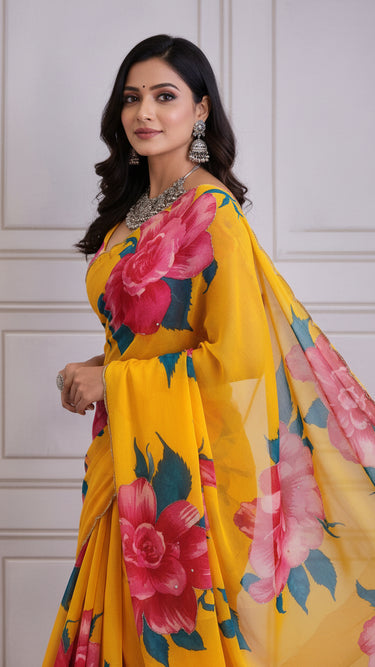 Chiffon Saree with Floral Handwork
