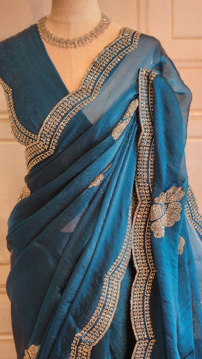 Shining Chiffon Saree with Floral Swarovski Work