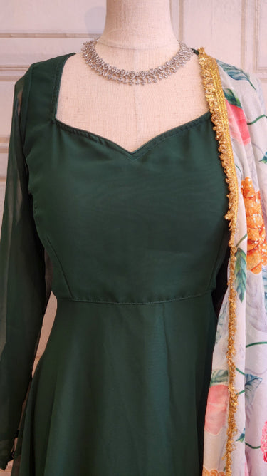 Plain Anarkali with chudidar and Threadwork Shawl