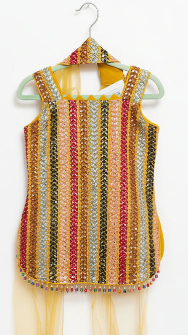 Mustard Yellow Threadwork Kids Kurti Set