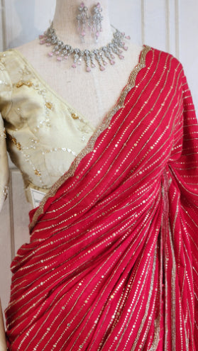 Red metal work fendi saree