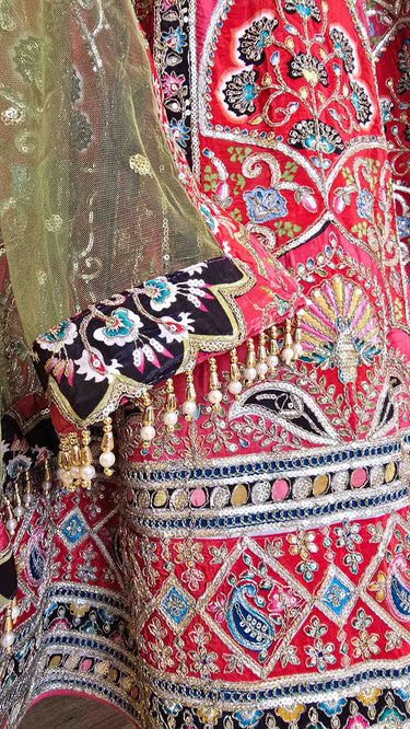 Red Position Print Lehenga with Contrast Green Shawl
